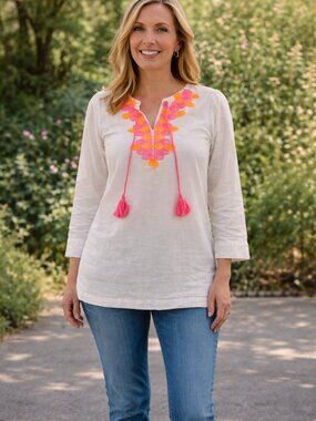 Lily Pultizer Boho Pink and Orange Embroidered White Top Cotton Woman's Size S